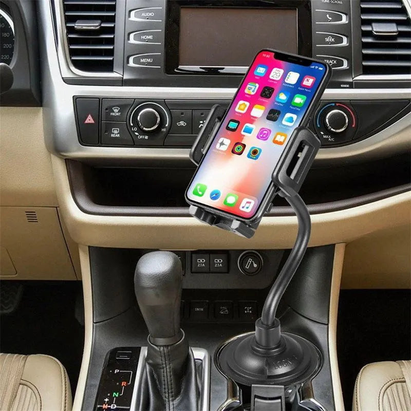 Black car phone mount with adjustable side handles showing windscreen suction cup and air vent clip hook mounting options