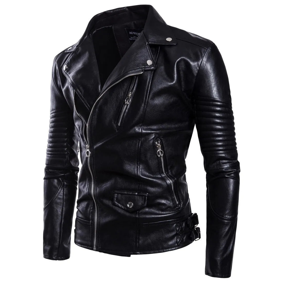 Men's black sheepskin leather jacket with suit collar and zip front, fitted style, sizes XXL to 5XL