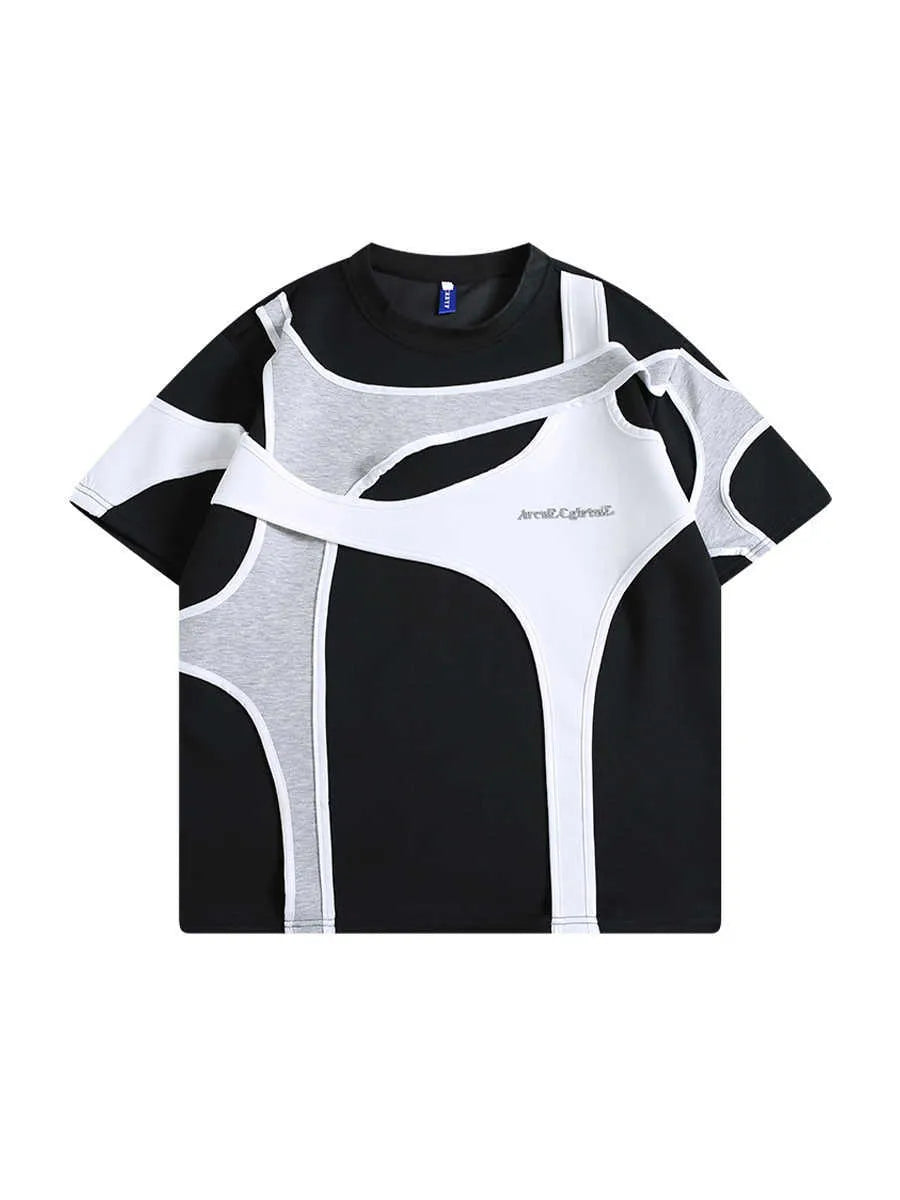 Man's loose fit black t-shirt with padded shoulder strap detail and round neck.