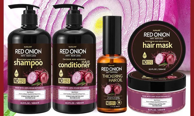 Red onion shampoo and conditioner four-piece set including large bottles and hair treatment products