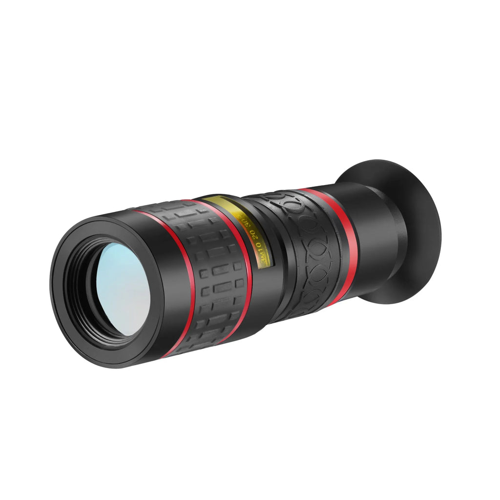 20x magnification mobile phone telescope with optical glass lens and universal mounting clip.