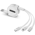 Black telescopic charging cable with three connectors extended to full 1 metre length