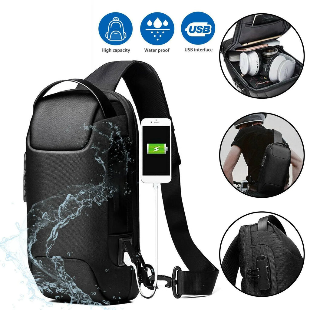 Men's waterproof oxford anti-theft crossbody bag in black with multiple compartments and adjustable strap