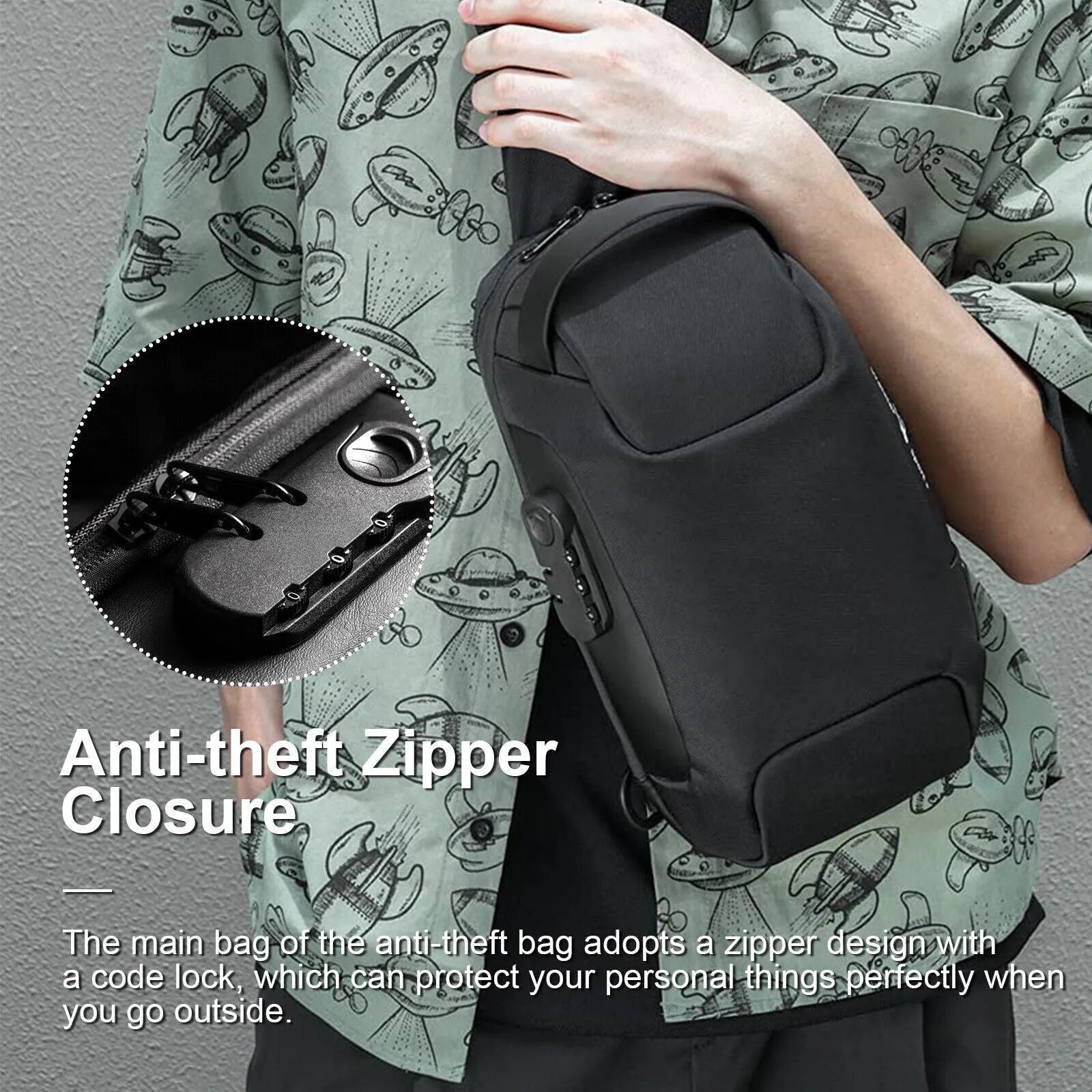 Men's waterproof oxford anti-theft crossbody bag in black with multiple compartments and adjustable strap