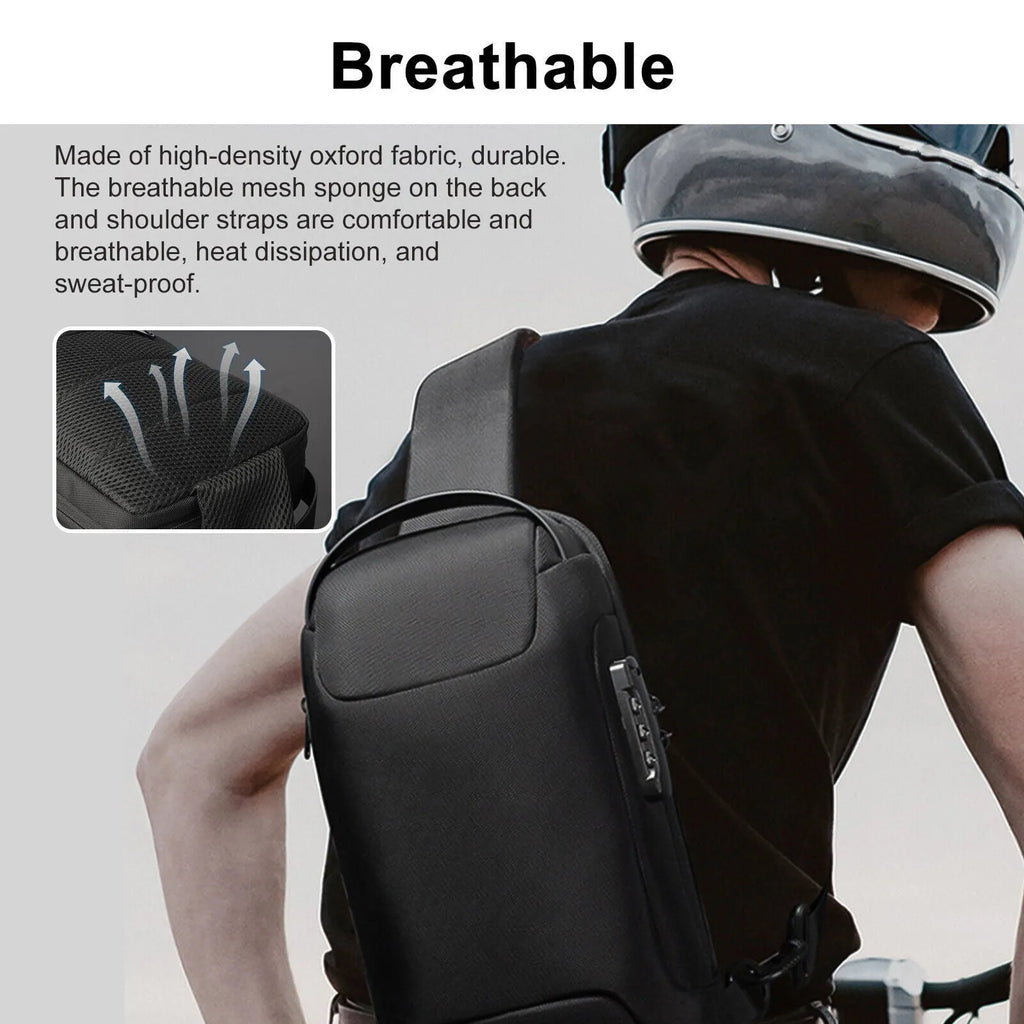 Men's waterproof oxford anti-theft crossbody bag in black with multiple compartments and adjustable strap