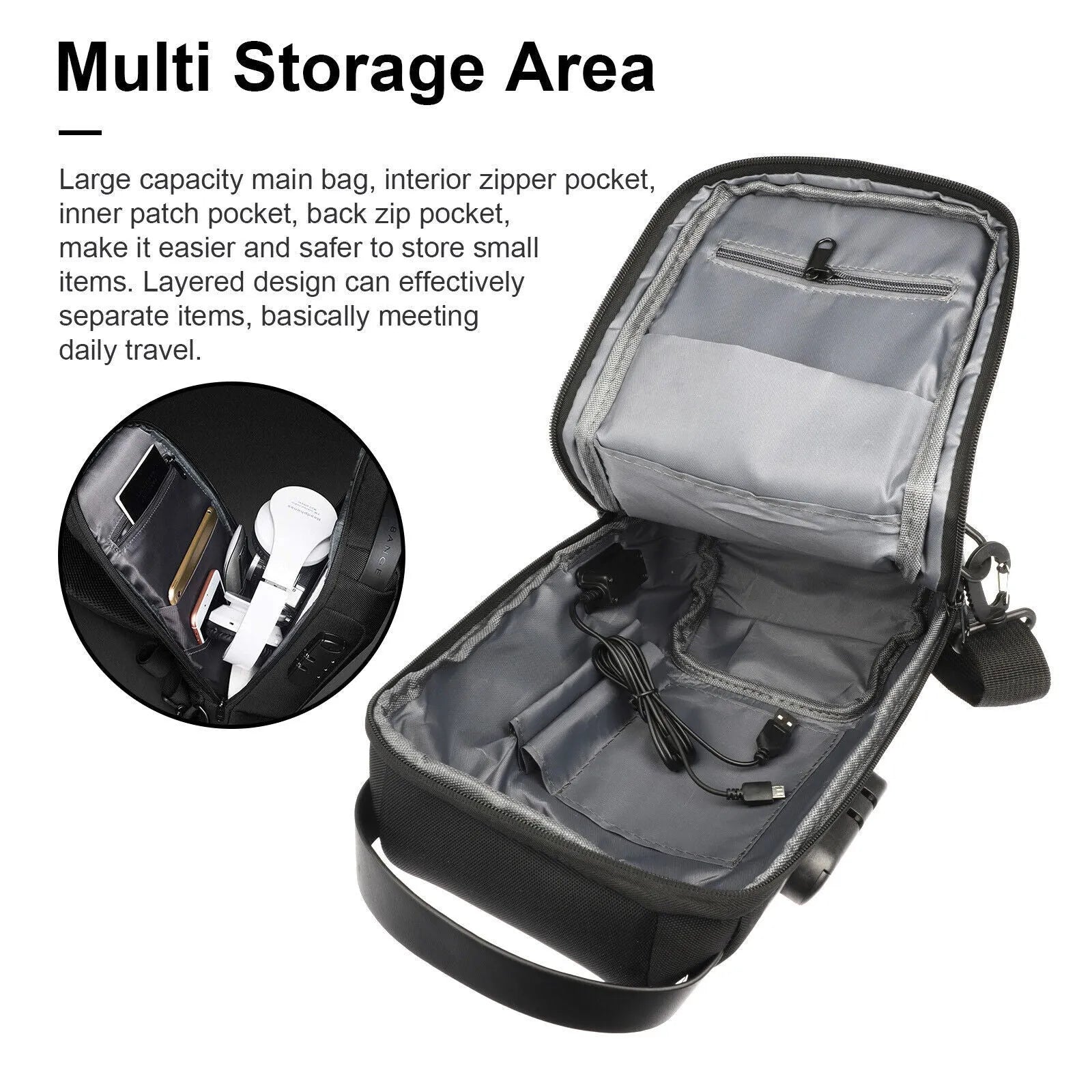 Men's waterproof oxford anti-theft crossbody bag in black with multiple compartments and adjustable strap