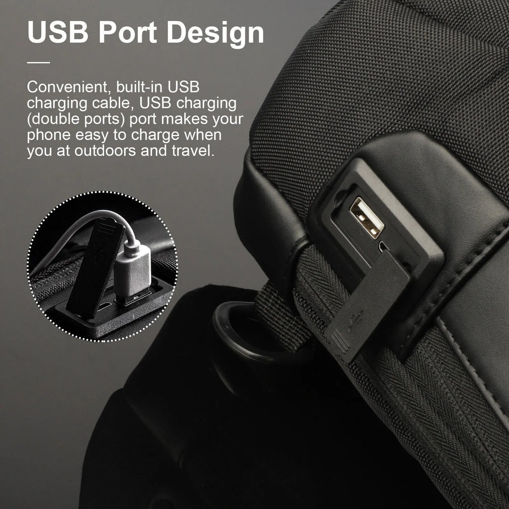 Men's waterproof oxford anti-theft crossbody bag in black with multiple compartments and adjustable strap
