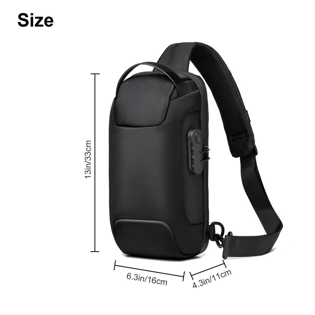 Men's waterproof oxford anti-theft crossbody bag in black with multiple compartments and adjustable strap