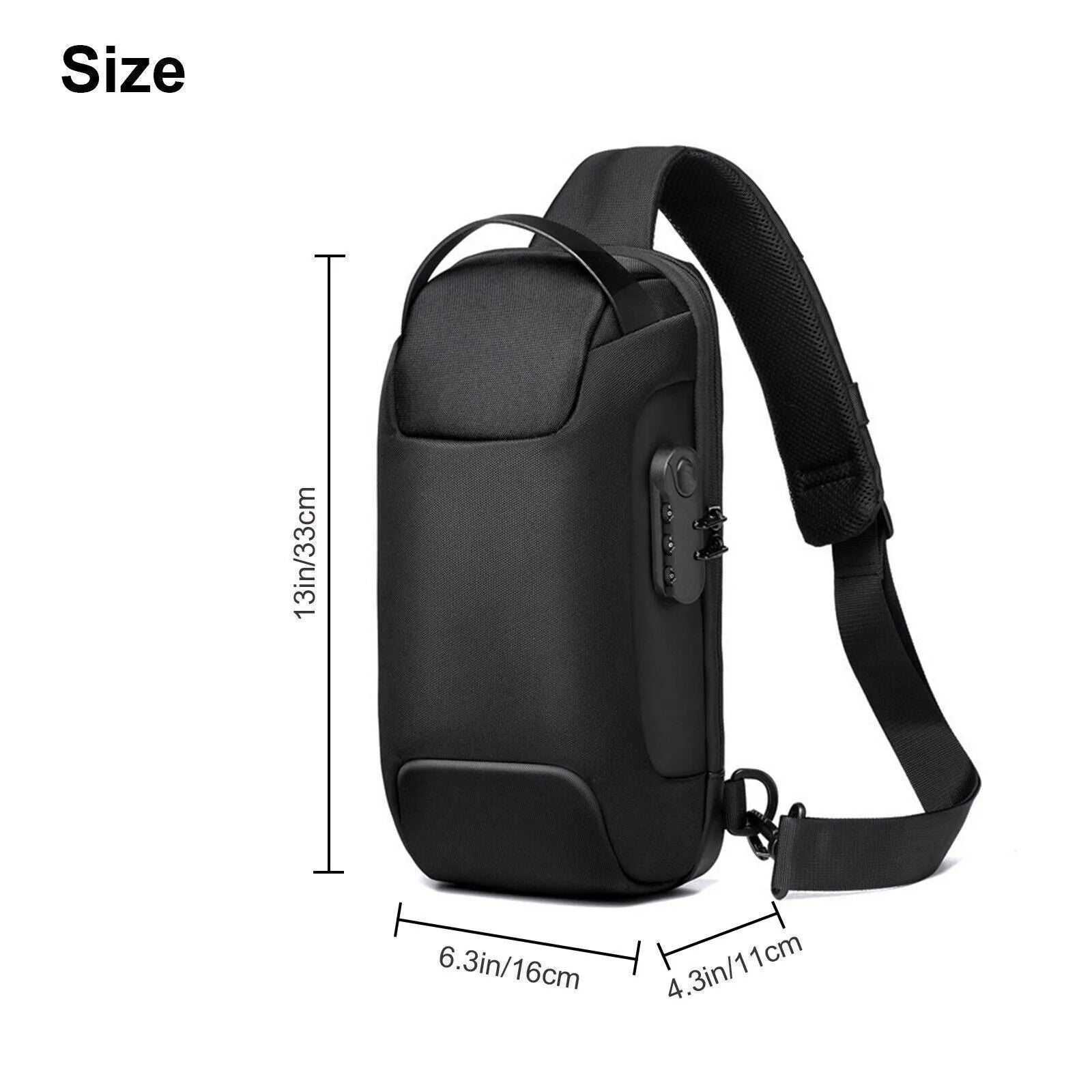 Men's waterproof oxford anti-theft crossbody bag in black with multiple compartments and adjustable strap