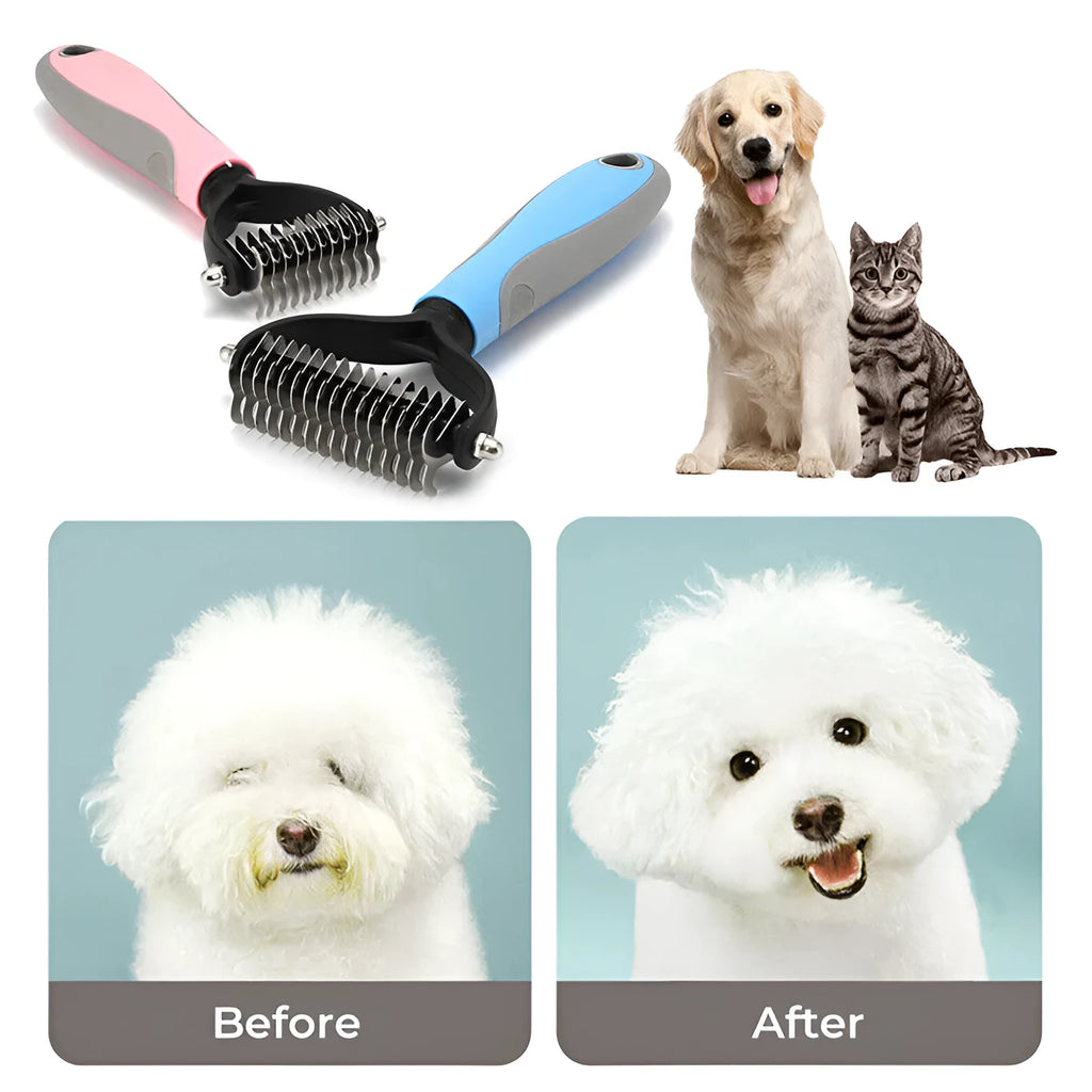 Dual-sided pet grooming brush with 9 and 17 teeth, blue and pink, 172mm x 90mm x 27mm