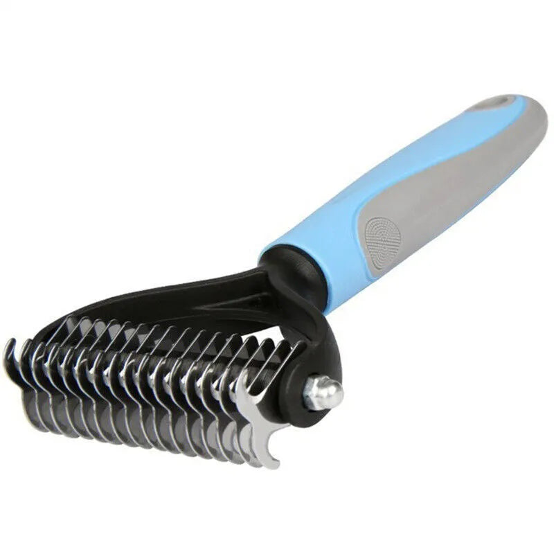 Dual-sided pet grooming brush with 9 and 17 teeth, blue and pink, 172mm x 90mm x 27mm