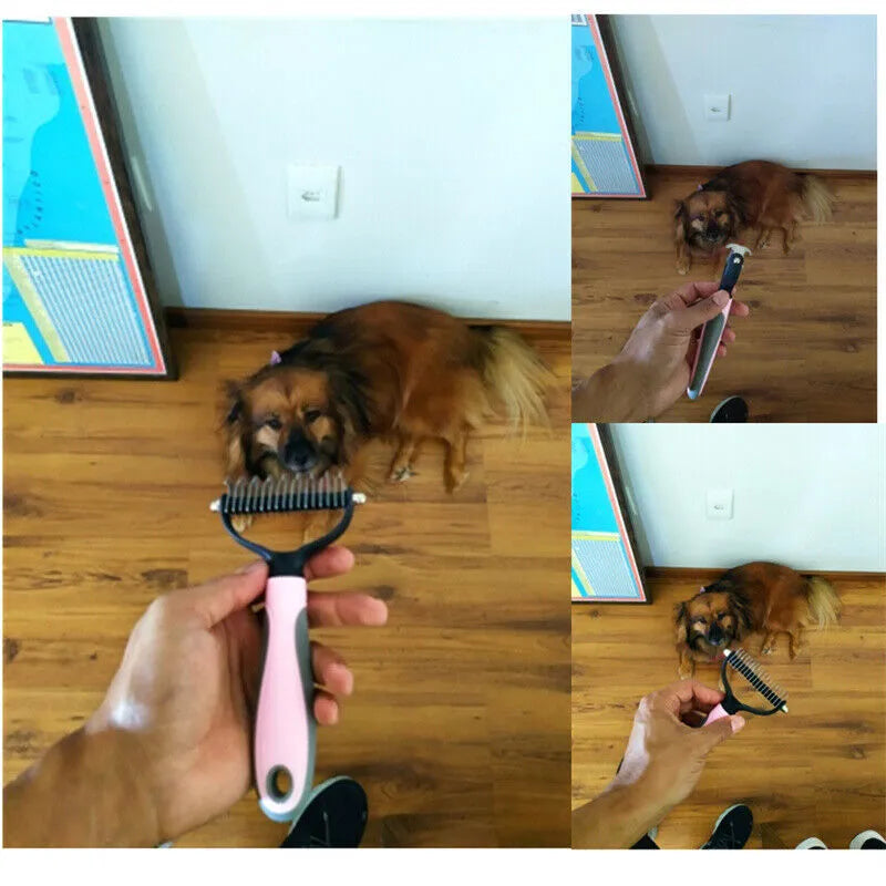 Dual-sided pet grooming brush with 9 and 17 teeth, blue and pink, 172mm x 90mm x 27mm
