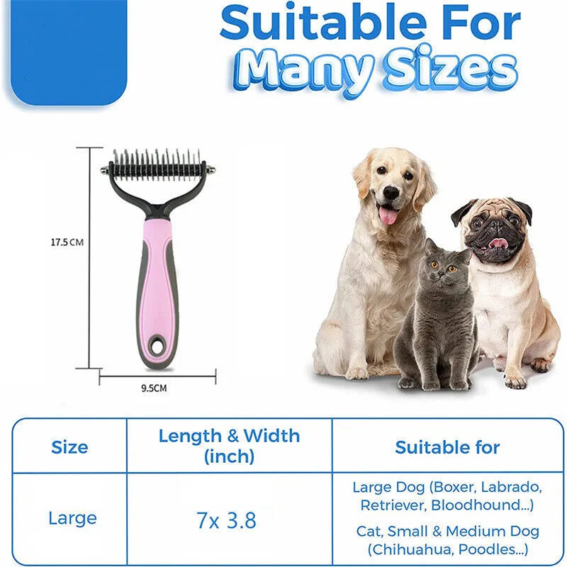 Dual-sided pet grooming brush with 9 and 17 teeth, blue and pink, 172mm x 90mm x 27mm