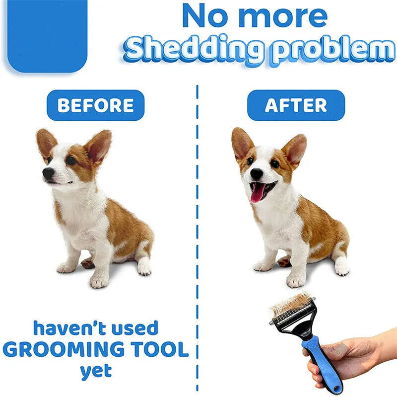 Dual-sided pet grooming brush with 9 and 17 teeth, blue and pink, 172mm x 90mm x 27mm