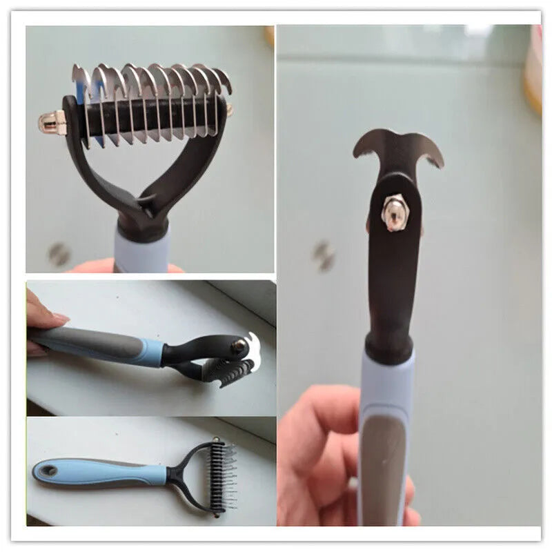 Dual-sided pet grooming brush with 9 and 17 teeth, blue and pink, 172mm x 90mm x 27mm