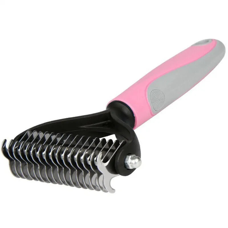 Dual-sided pet grooming brush with 9 and 17 teeth, blue and pink, 172mm x 90mm x 27mm