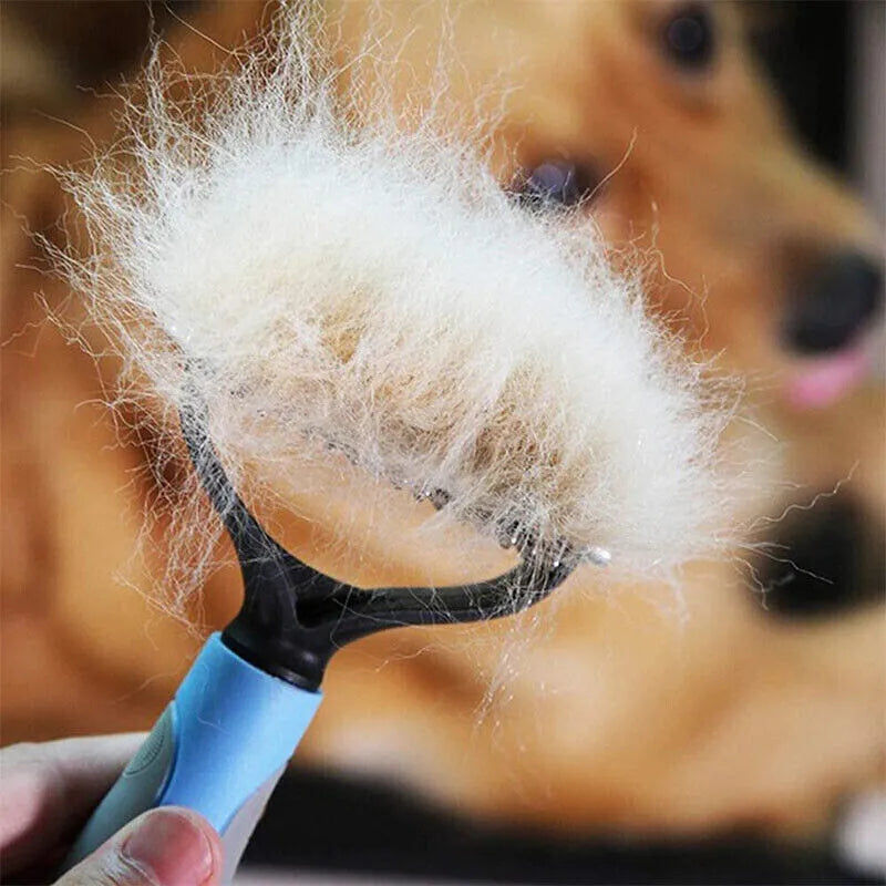 Dual-sided pet grooming brush with 9 and 17 teeth, blue and pink, 172mm x 90mm x 27mm