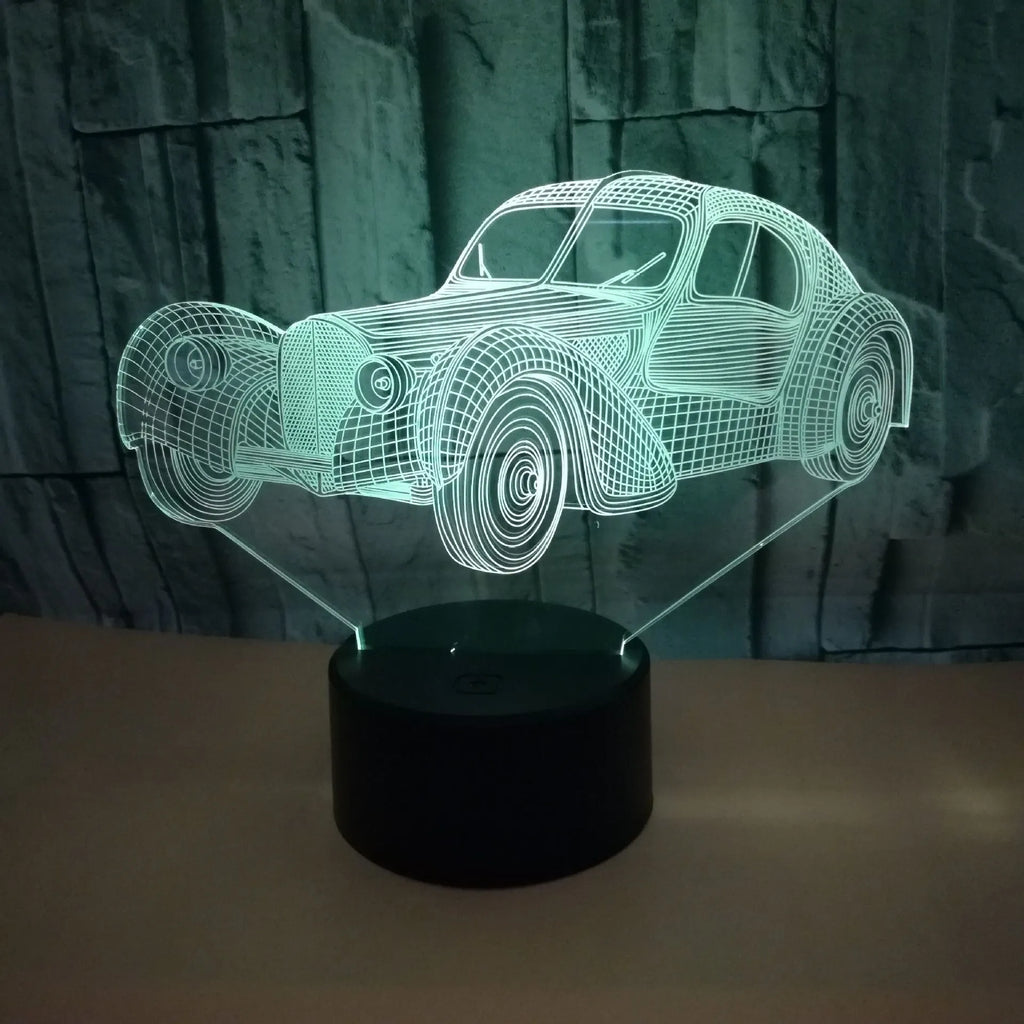 Classic car 3D USB night light with 7 colour touch and remote control on a desk
