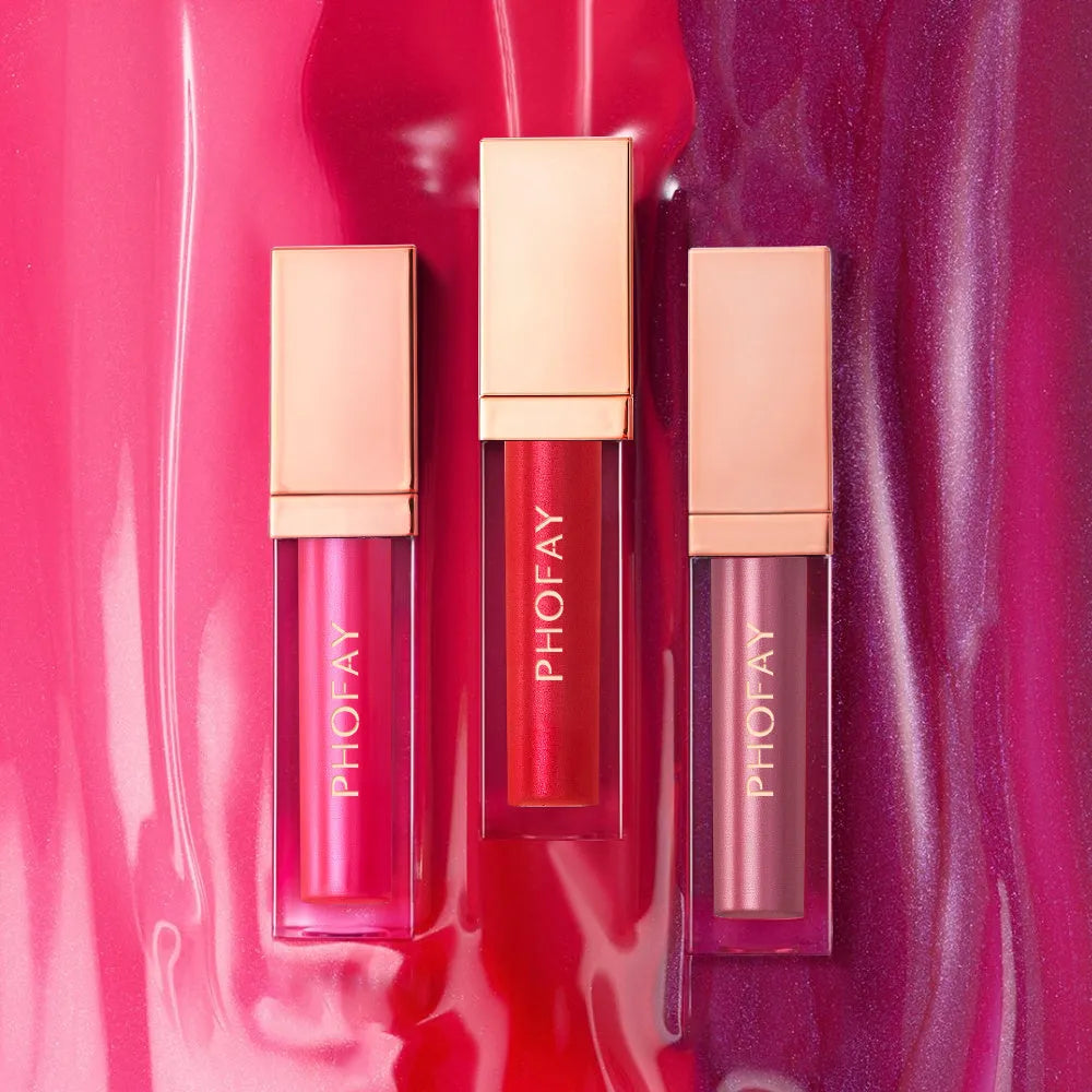 PHOFAY ultra-glossy lip gloss 6ml tube with high-shine finish, shown in colours 01 to 08.