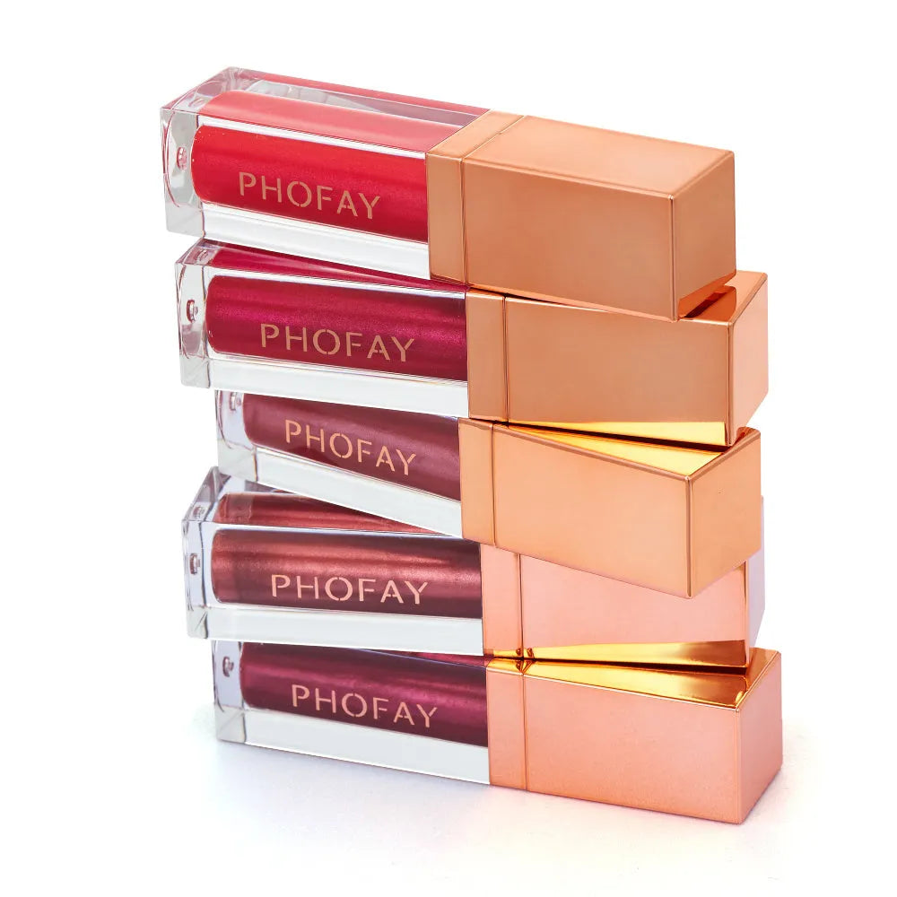 PHOFAY ultra-glossy lip gloss 6ml tube with high-shine finish, shown in colours 01 to 08.