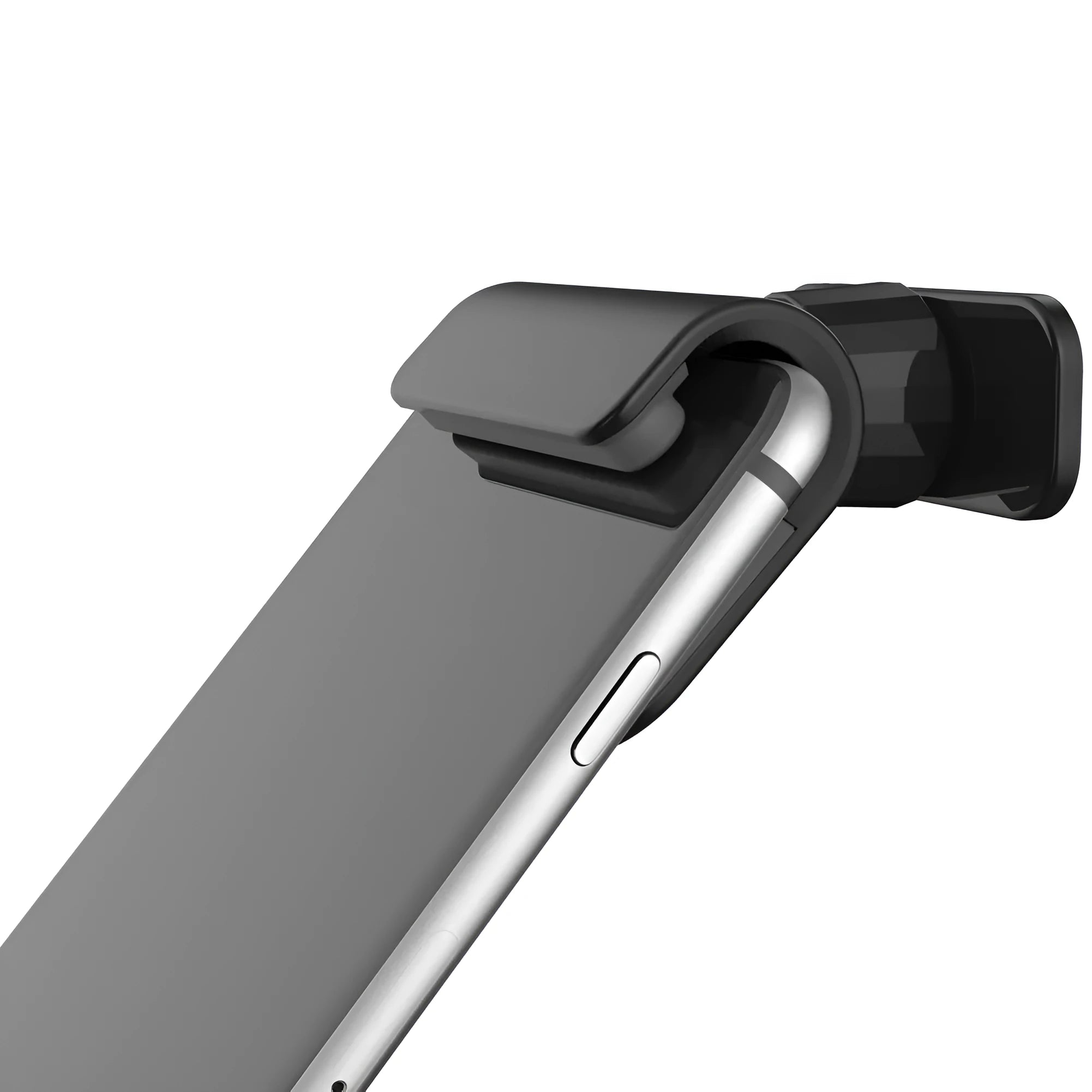 Black universal car phone holder with 360-degree rotating head and adhesive mount on a car dashboard.