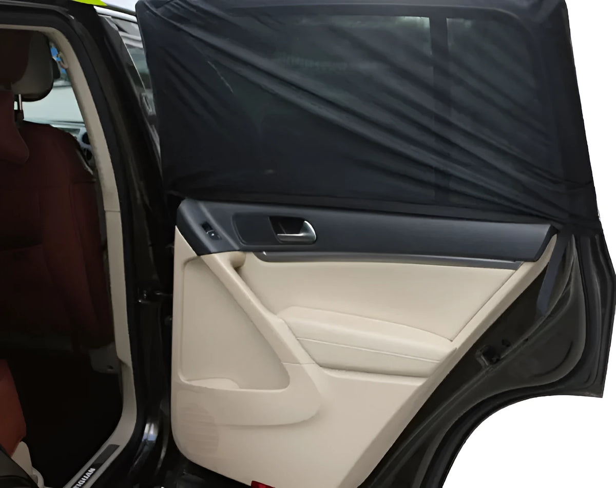 Pair of black polyester mesh car side sunshades – L 75x45cm and XL 80x50cm fit rear windows