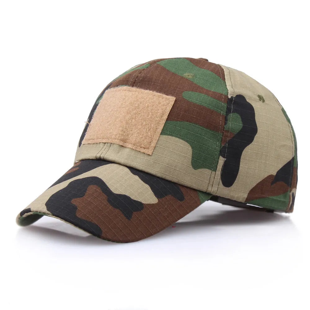 Velcro camouflage baseball cap with embroidered patch on a plain background