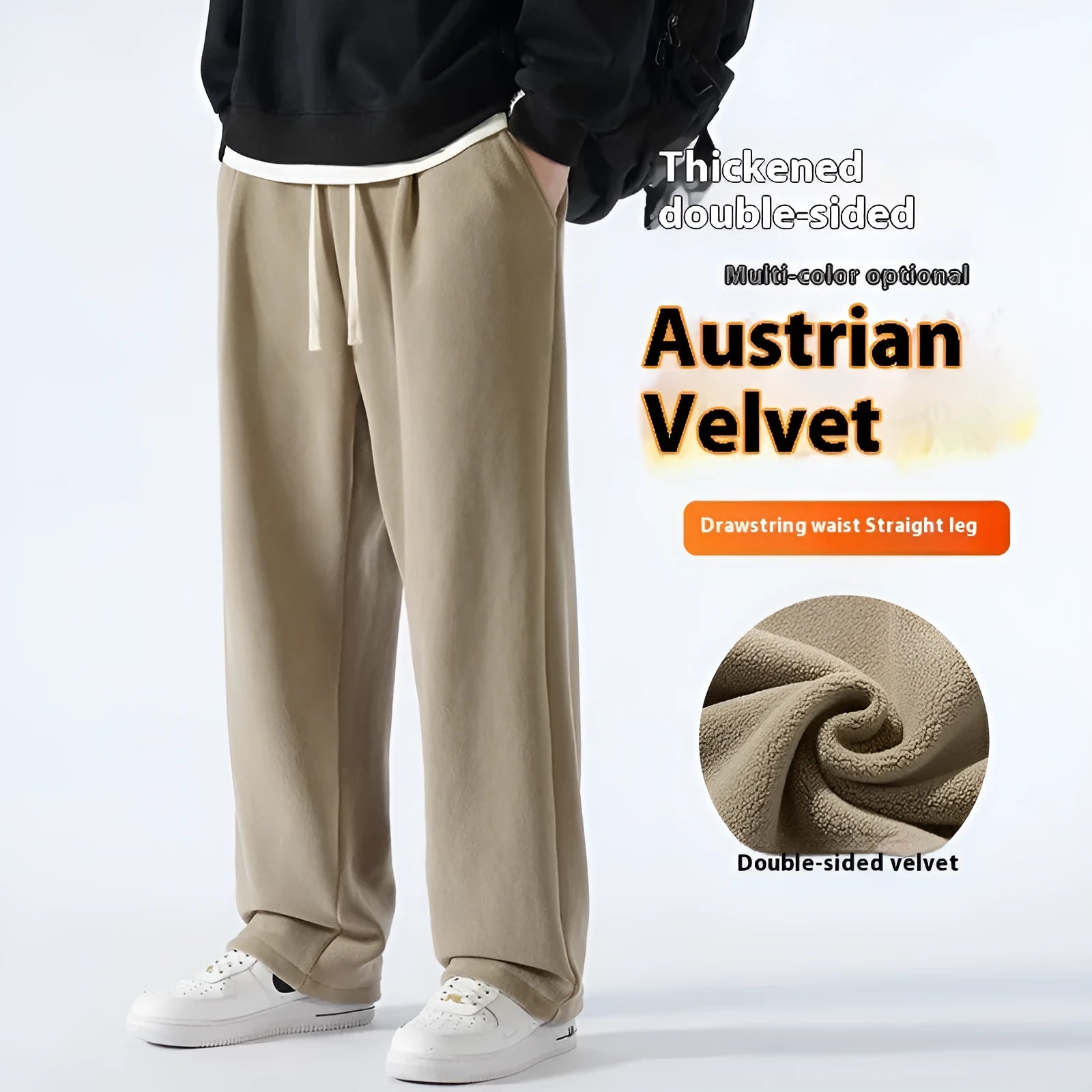 Men's apricot coloured double-sided polar fleece casual trousers with a loose fit and drawstring waist.