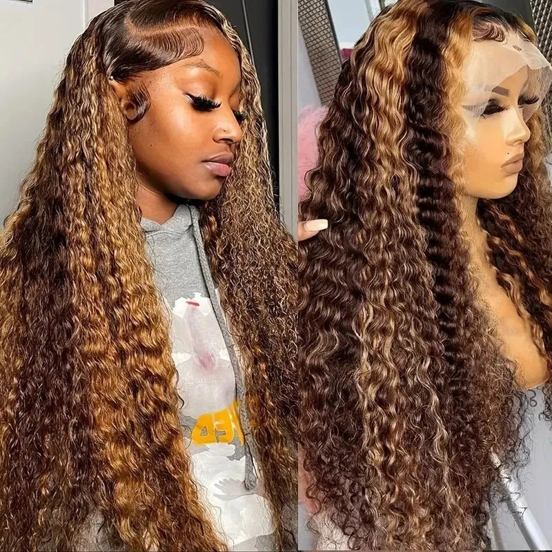 Lace wig with medium small volume highlight gradient long curly hair in light gold colour