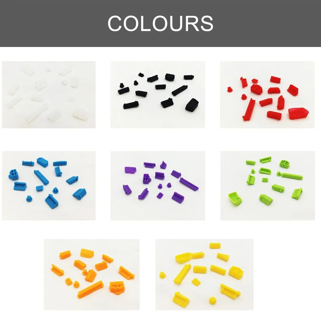 13-piece silicone dust plug set for laptop ports in multiple colours including transparent and black