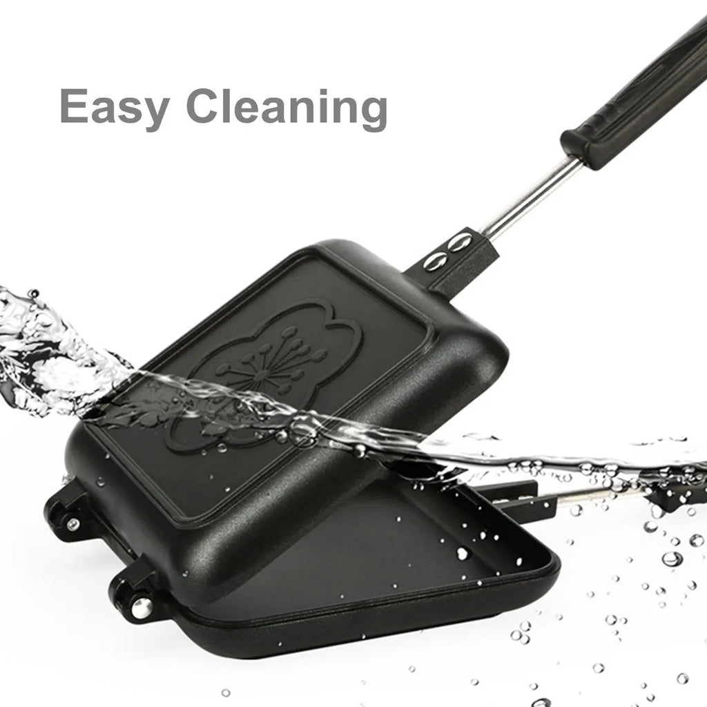 Double-sided aluminium alloy sandwich frying pan with non-stick coating, black, 34x14x4 cm, on induction cooker