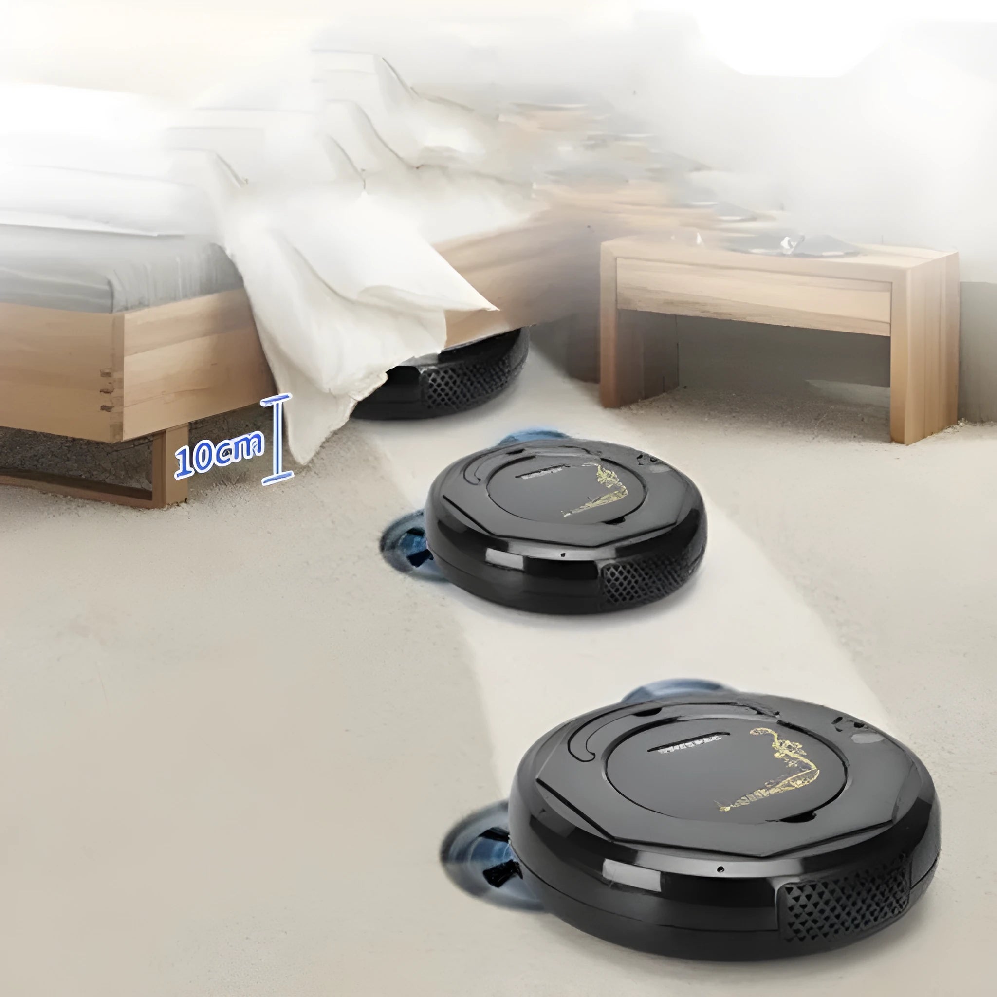 Lazy Smart robotic floor vacuum cleaner in blue, black, or white on a hard floor