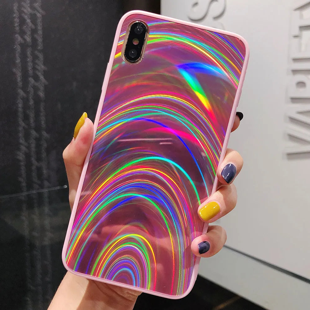 A 3D rainbow glitter gradient back cover case for a smartphone, showing its full-coverage design and sparkling finish.