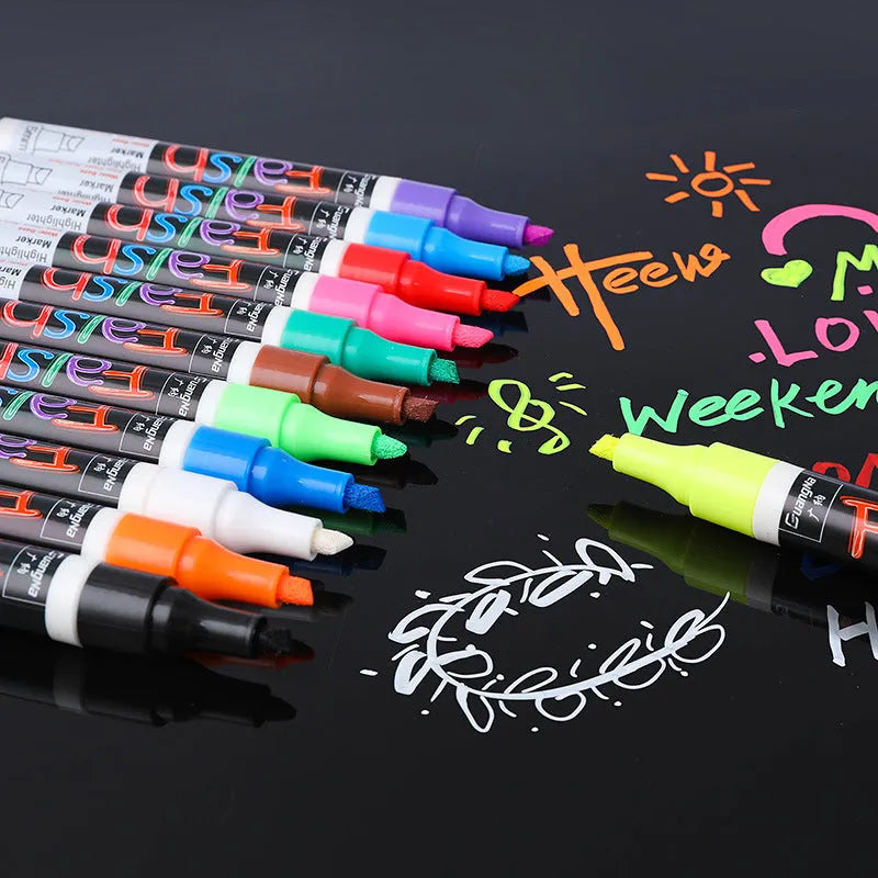 Electronic fluorescent board highlighter pen with plastic shell and oblique tip, shown in 8 colour refill set.