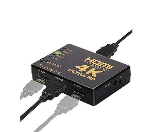 Black 5-in-1 HDMI switcher with remote control suitable for HDTV and high-definition devices