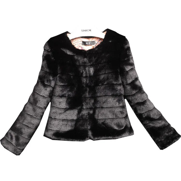 Women's short white faux fur top with regular sleeves on a model.