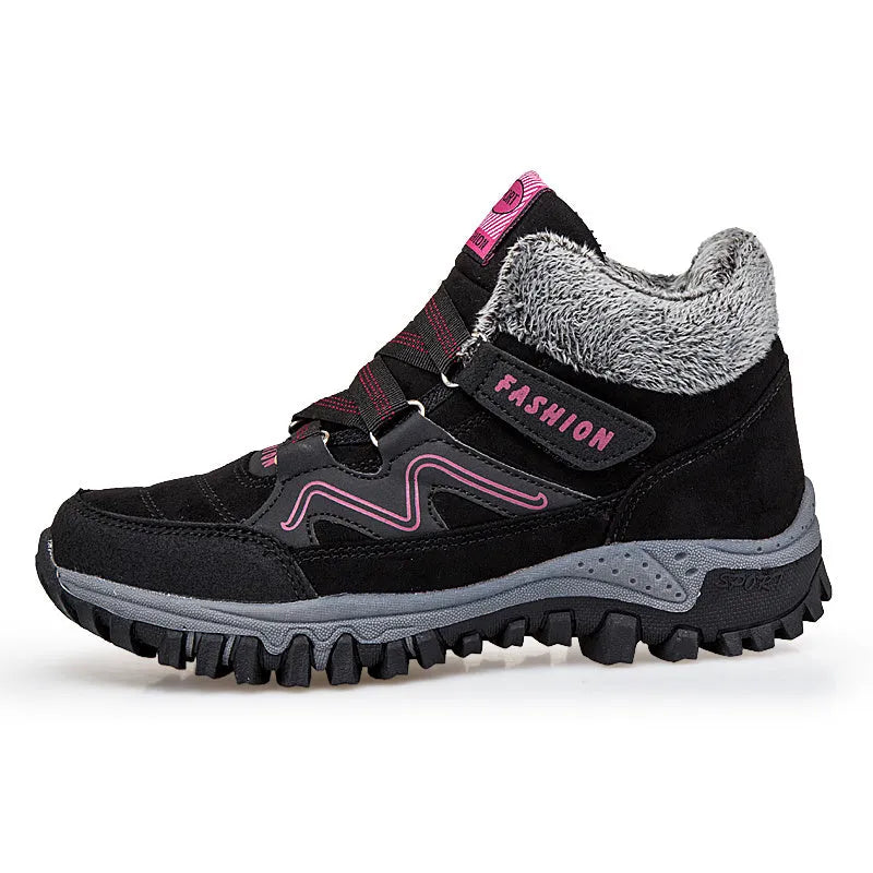 Women's warm cotton snow boots with suede upper, rubber sole, and front tie lacing, multiple colours available