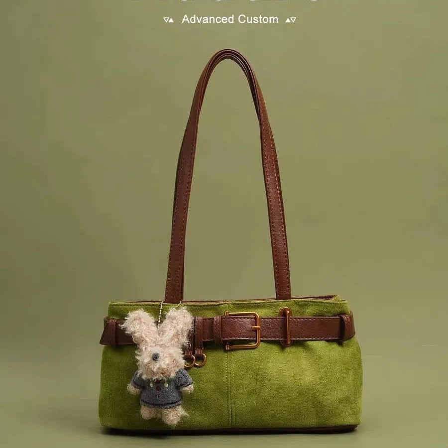 Retro cotton single shoulder tote bag in green with stitching and colour blocking, horizontal square shape, double straps