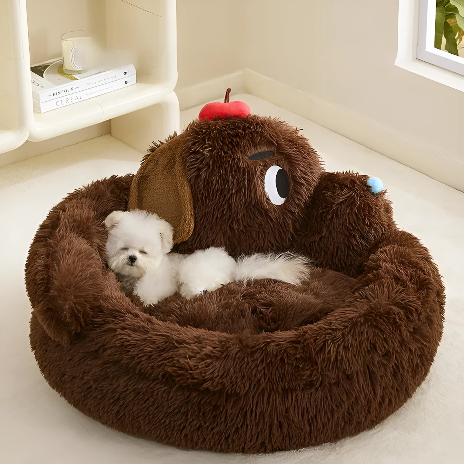 Plush pet sofa bed with fleece lining and bolster edges for small dogs and cats.