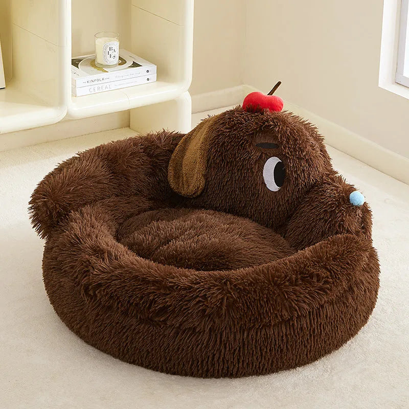 Plush pet sofa bed with fleece lining and bolster edges for small dogs and cats.