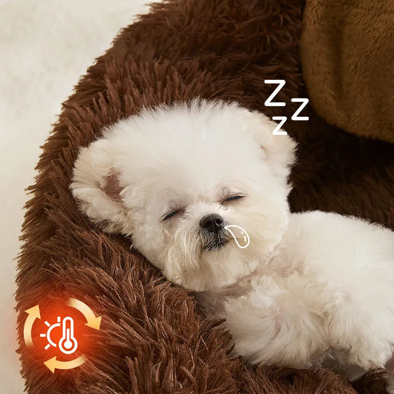 Plush pet sofa bed with fleece lining and bolster edges for small dogs and cats.