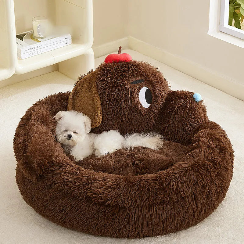 Plush pet sofa bed with fleece lining and bolster edges for small dogs and cats.