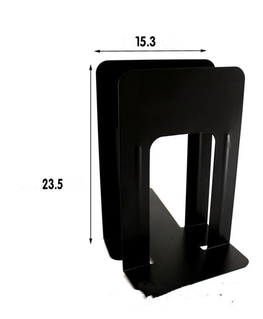 Metal bookend in blue on a shelf holding books and magazines upright in an office or home setting