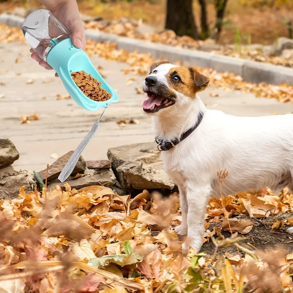 2-in-1 portable dog water bottle with food container, leak-proof, 350ml, green, on hiking trail