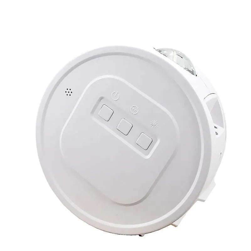 USB Ocean Star Projection Light with 360 degree rotation, starry sky pattern projected on ceiling, white lamp body on desk