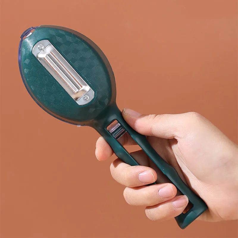 Yellow kitchen peeler knife with storage lid for fruit and potato peeling