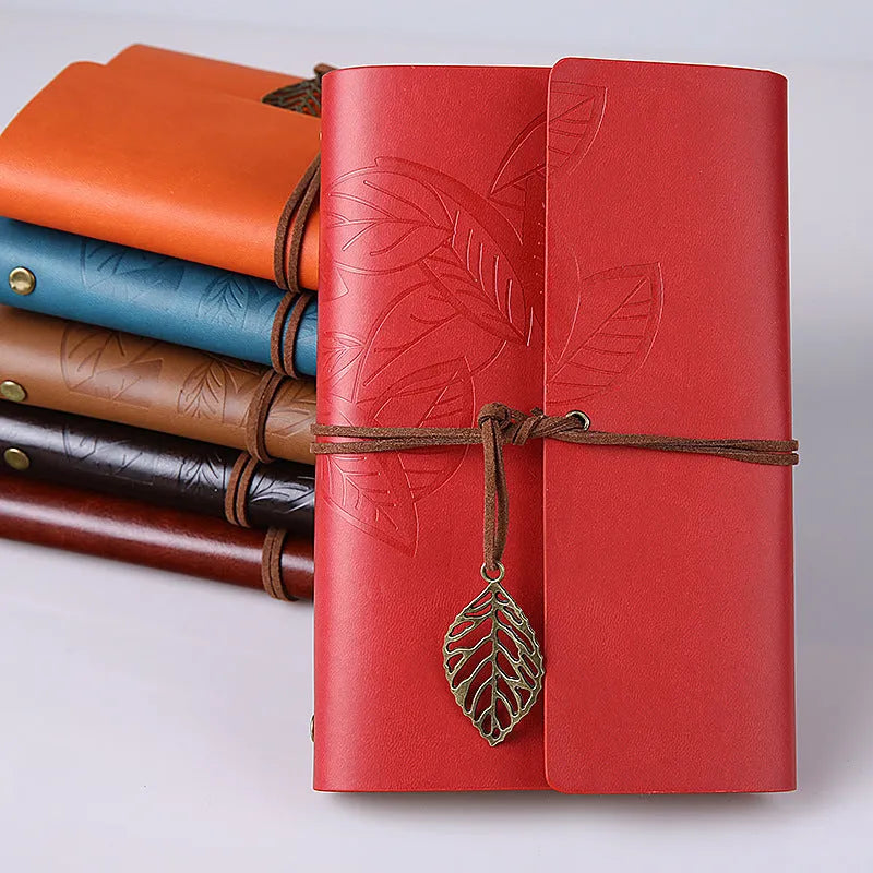 Artificial leather leaf-shaped notepad diary with beige paper, 150 pages, brown colour, large size