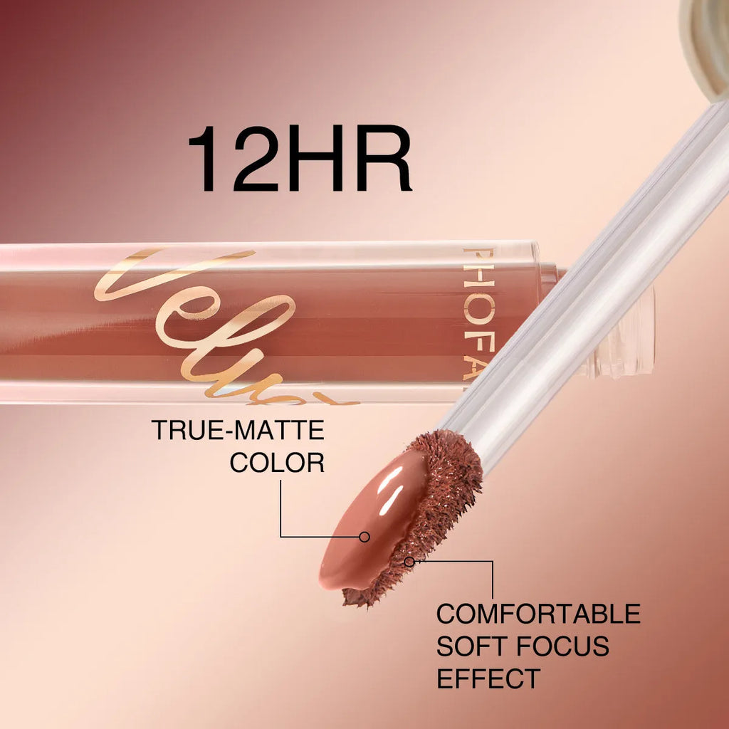 PHOFAY Velvet Lip Gloss 3ml tube with pointed wand tip and flat paddle edge, matte finish