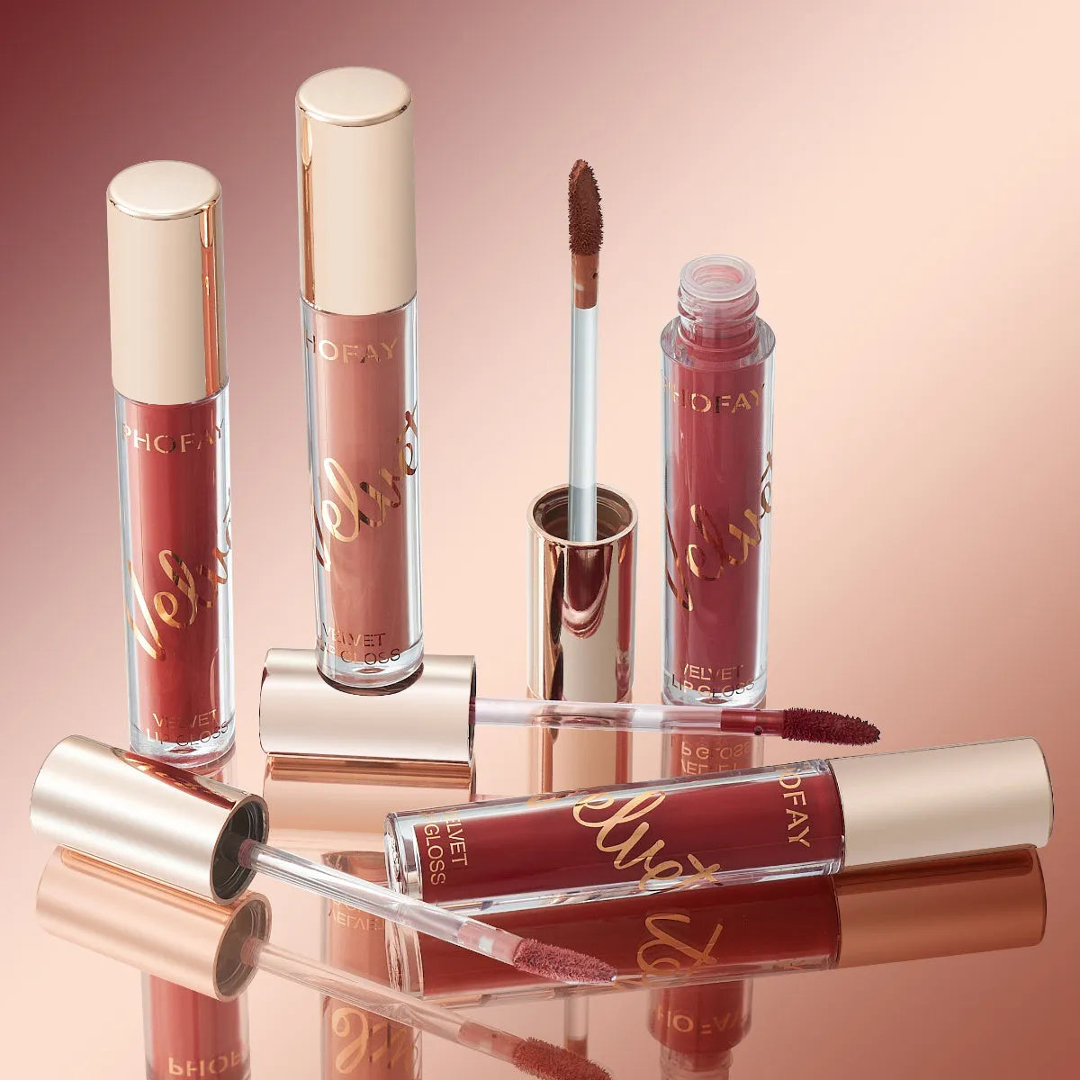 PHOFAY Velvet Lip Gloss 3ml tube with pointed wand tip and flat paddle edge, matte finish