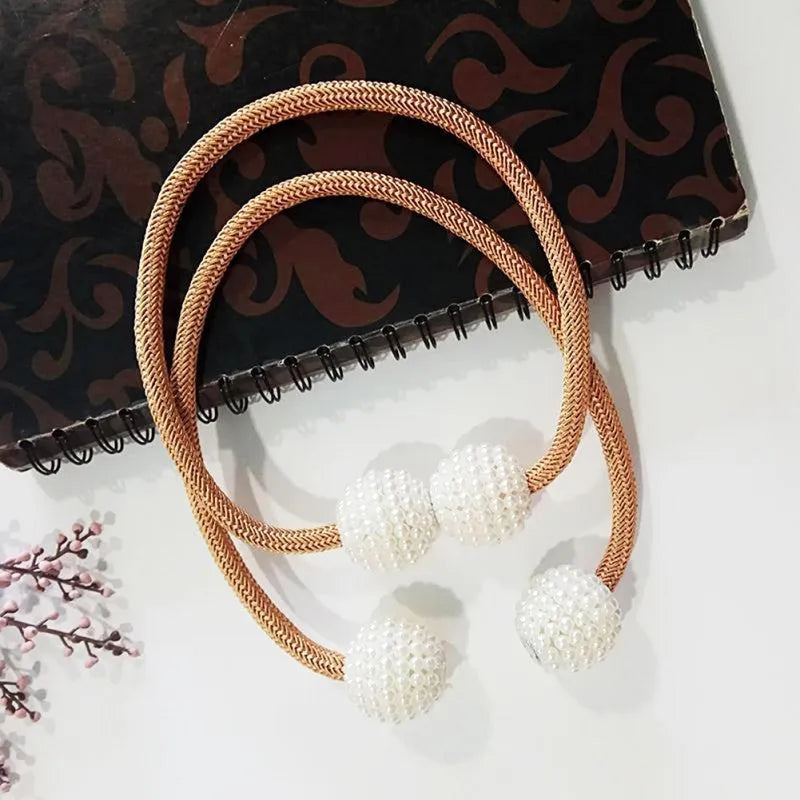 Magnetic curtain tiebacks with pearl beads in Beige, Coffee, Gray and other colours, holding curtain fabric back